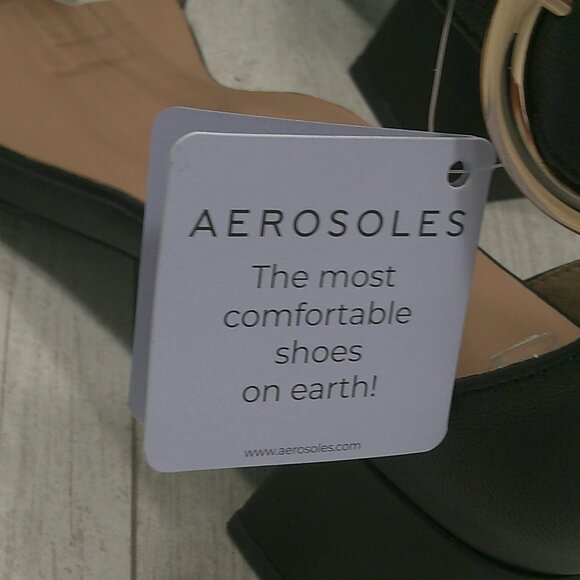 Aerosoles Eliza Black Leather Sandals with Gold Buckle block heel Size 10 W Wide - Picture 15 of 16